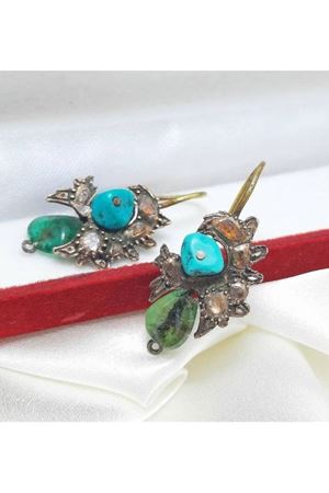 Antika El İşi Zümrüt Firuze ve Elmas Küpe