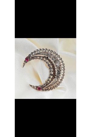 Antika Hilal Yaka İğnesi Elmas Yakutlu Broş