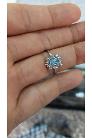 Trapez Baget Pırlanta ve Akuamarin Taşlı Kare Yüzük