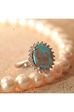 Vintage Tasarım Anturaj Pırlanta Taşlı Arizona Firuzesi Yüzük