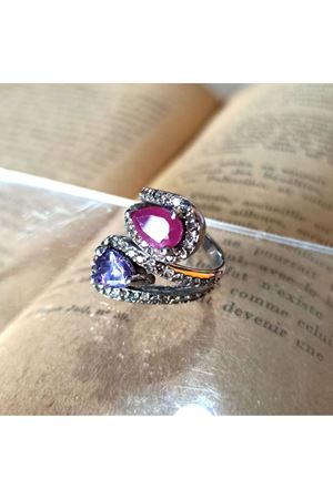 Vintage Tasarım Platin Modeli Yakut ve Ametist taşlı Pırlanta yüzük