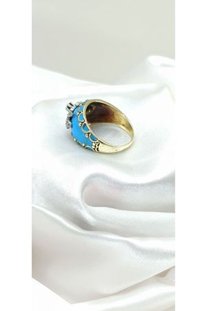 Antika El İşi Özel Üretim Pırlanta Taşlı Turkuaz Mineli Yüzük