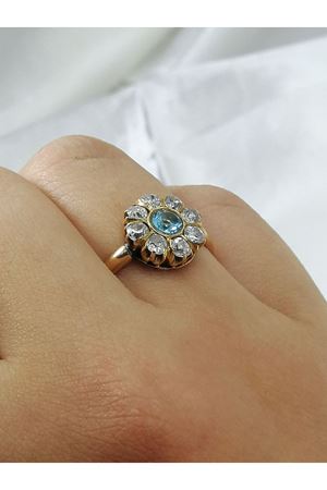 Antika Elişi Gül Modeli Akuamarin & Elmas Taşlı Yüzük