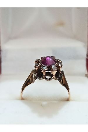 Antika Fransız El İşi Yakut taşlı Elmas Kakmalı Anturaj Modeli Yüzük