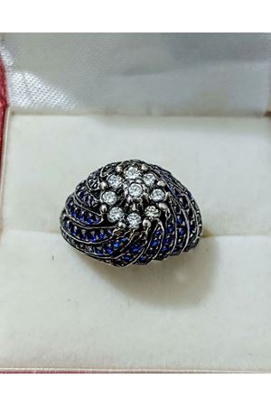 Vintage Tasarım Platin Modeli Safir ve Pırlanta taşlı Kazayağı Yüzük