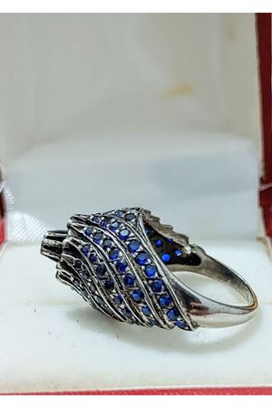 Vintage Tasarım Platin Modeli Safir ve Pırlanta taşlı Kazayağı Yüzük