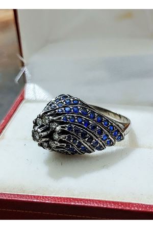 Vintage Tasarım Platin Modeli Safir ve Pırlanta taşlı Kazayağı Yüzük