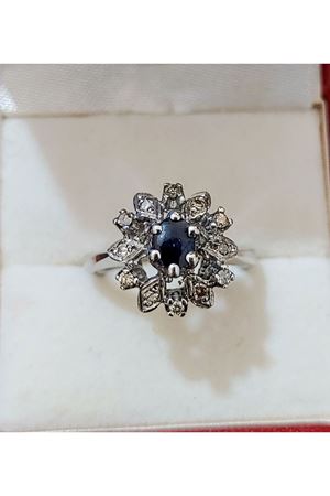 Vintage Tasarım Platin Modeli Safir ve Pırlanta Taşlı Yıkdız Çiçeği Yüzük