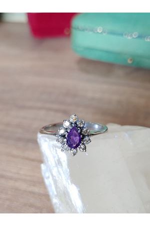 Vintage Tasarım Ametist Taşlı Anturaj Modeli Damla Temalı Yüzük