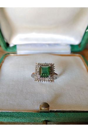 Vintage Tasarım Platin Modeli Pırlanta ve Hakiki Jade Taşlı Çift Sıralı Anturaj Kare Yüzük