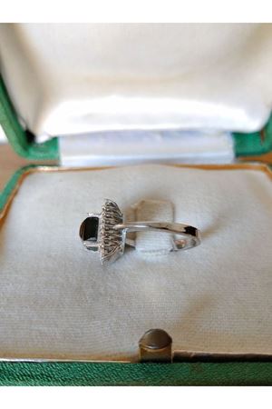 Vintage Tasarım Platin Modeli Pırlanta ve Hakiki Jade Taşlı Çift Sıralı Anturaj Kare Yüzük