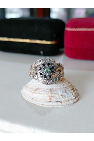 Vintage Tasarım Salyangoz Modeli Zümrüt, Safir ve Pırlanta Taşlı Yüzük