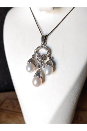 Vintage Tasarım Çan Model Pırlanta ve İncili Kolye 